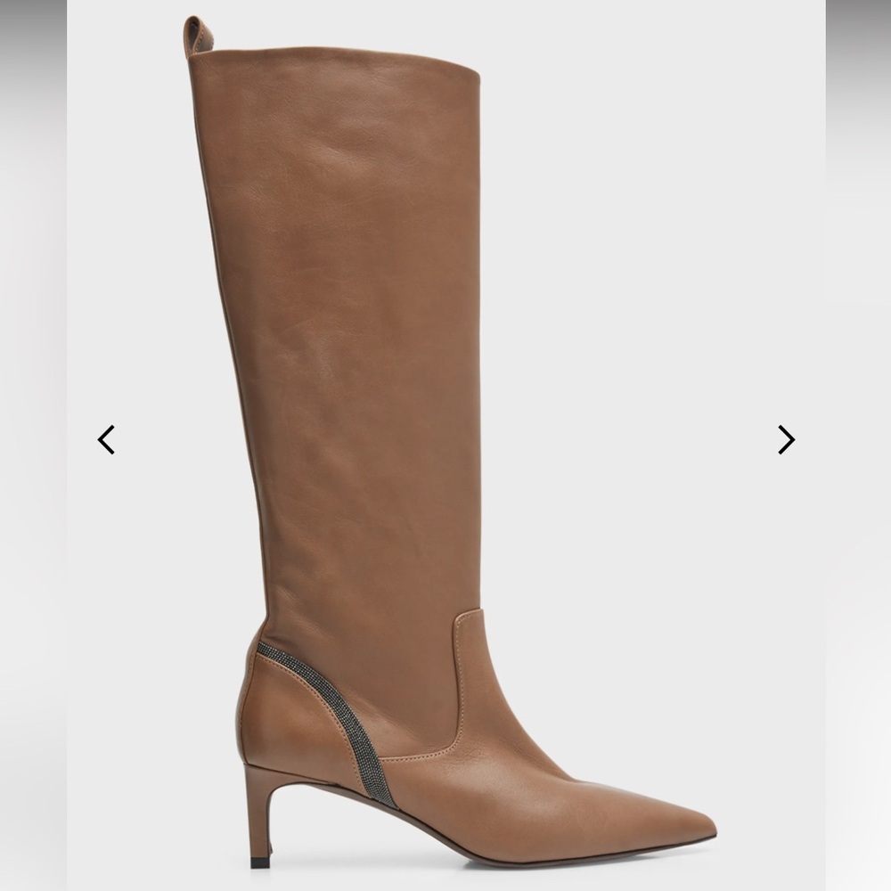 Brunello Cucinelli Leather Monili Kitten-Heel Knee Boots - EUC!